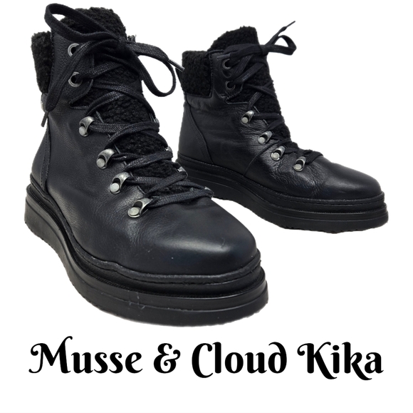 Musse & Cloud Kika Black Leather Ankle Boots Womens Sz 10 Faux Sherpa - Picture 1 of 10